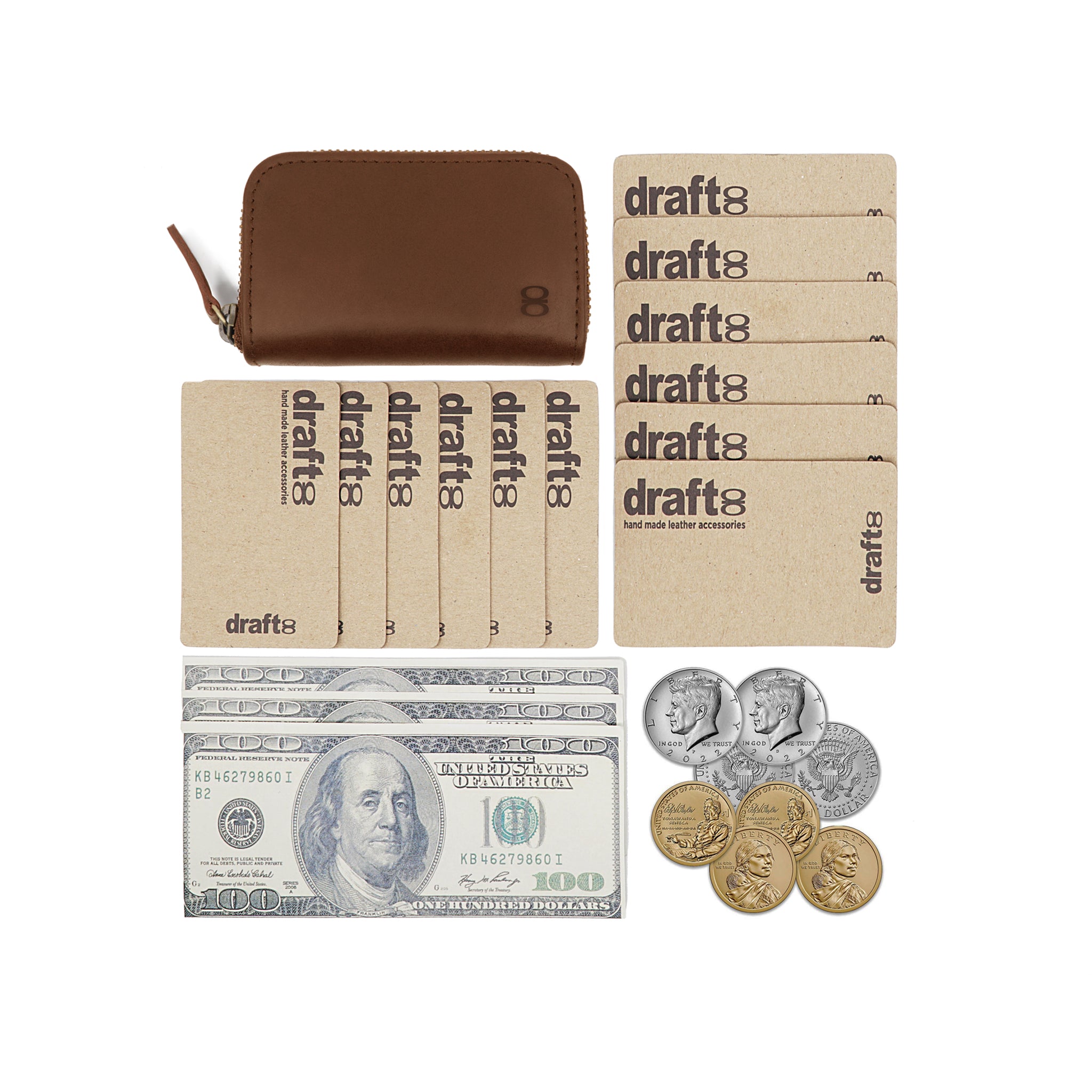 Draft-8 vegetable-tanned brown leather zip wallet shown with cards, dollar bills, and coins for capacity demonstration