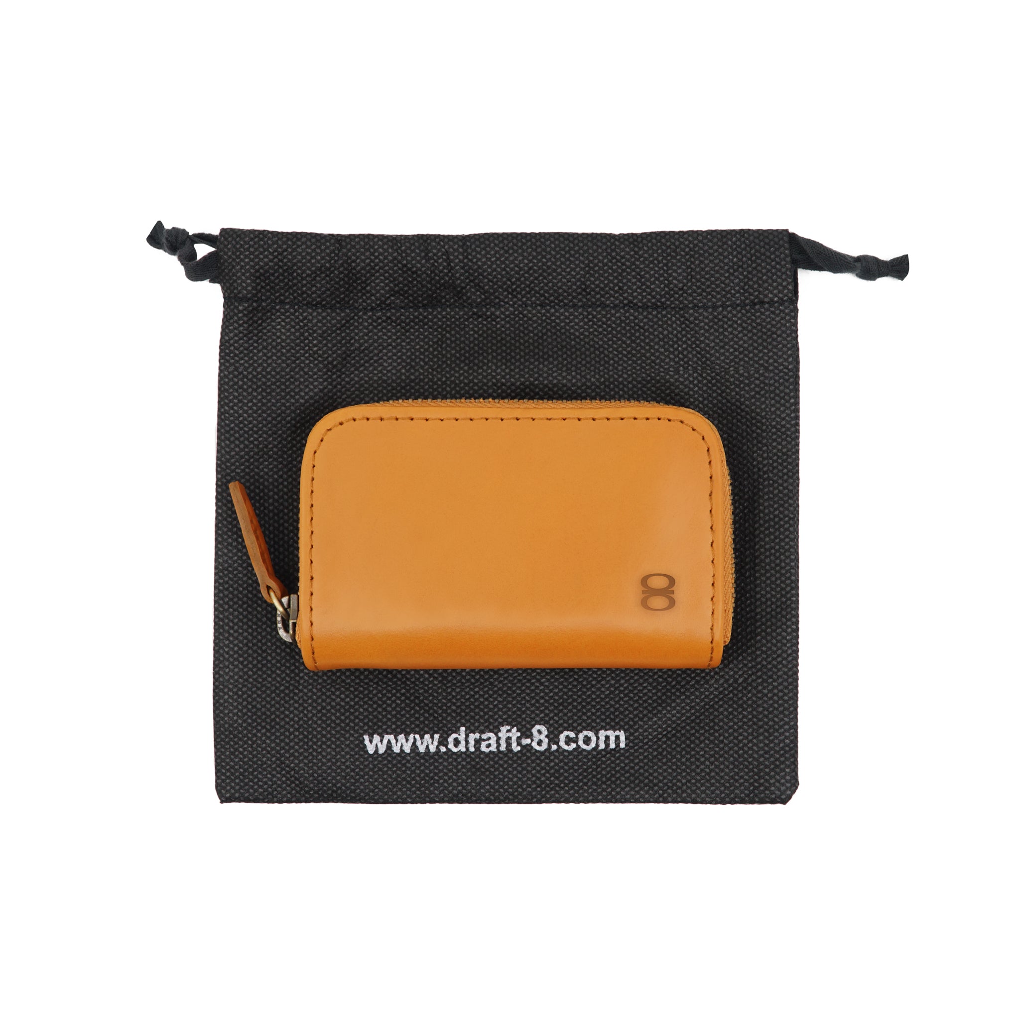 Draft-8 camel vegetable-tanned leather zip wallet presented with eco-friendly fabric pouch packaging