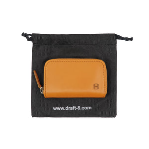 Draft-8 camel vegetable-tanned leather zip wallet presented with eco-friendly fabric pouch packaging
