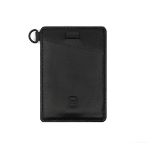 Elegant black Draft8 leather cardholder shown from the front, emphasizing minimal lines and utility for modern everyday carry.


