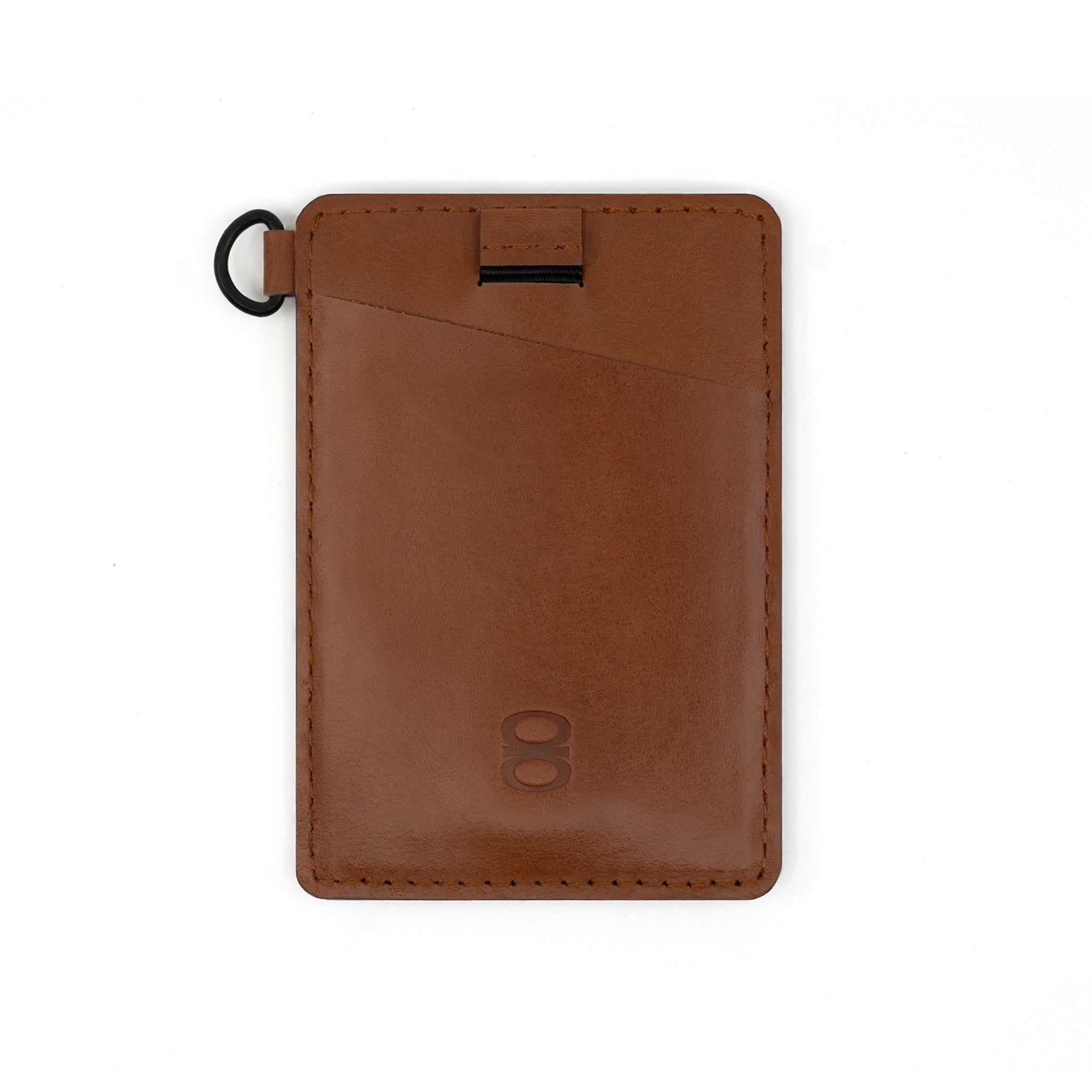 Front angle of the Draft8 brown leather cardholder showing its stitched edges, ring holder, and pocket-friendly slim format.