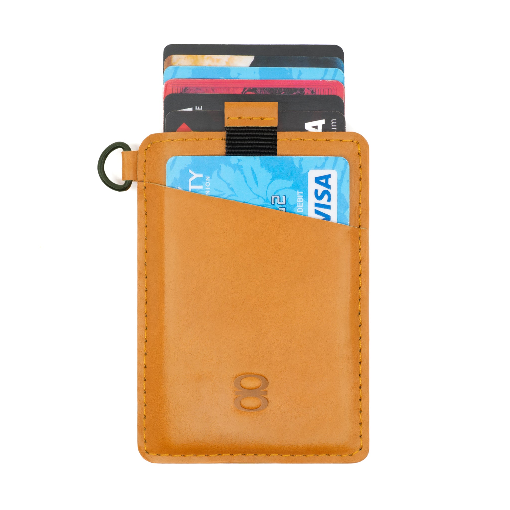 Front view of the Draft8 camel leather cardholder filled with multiple credit cards, highlighting card capacity and sleek pocket design.