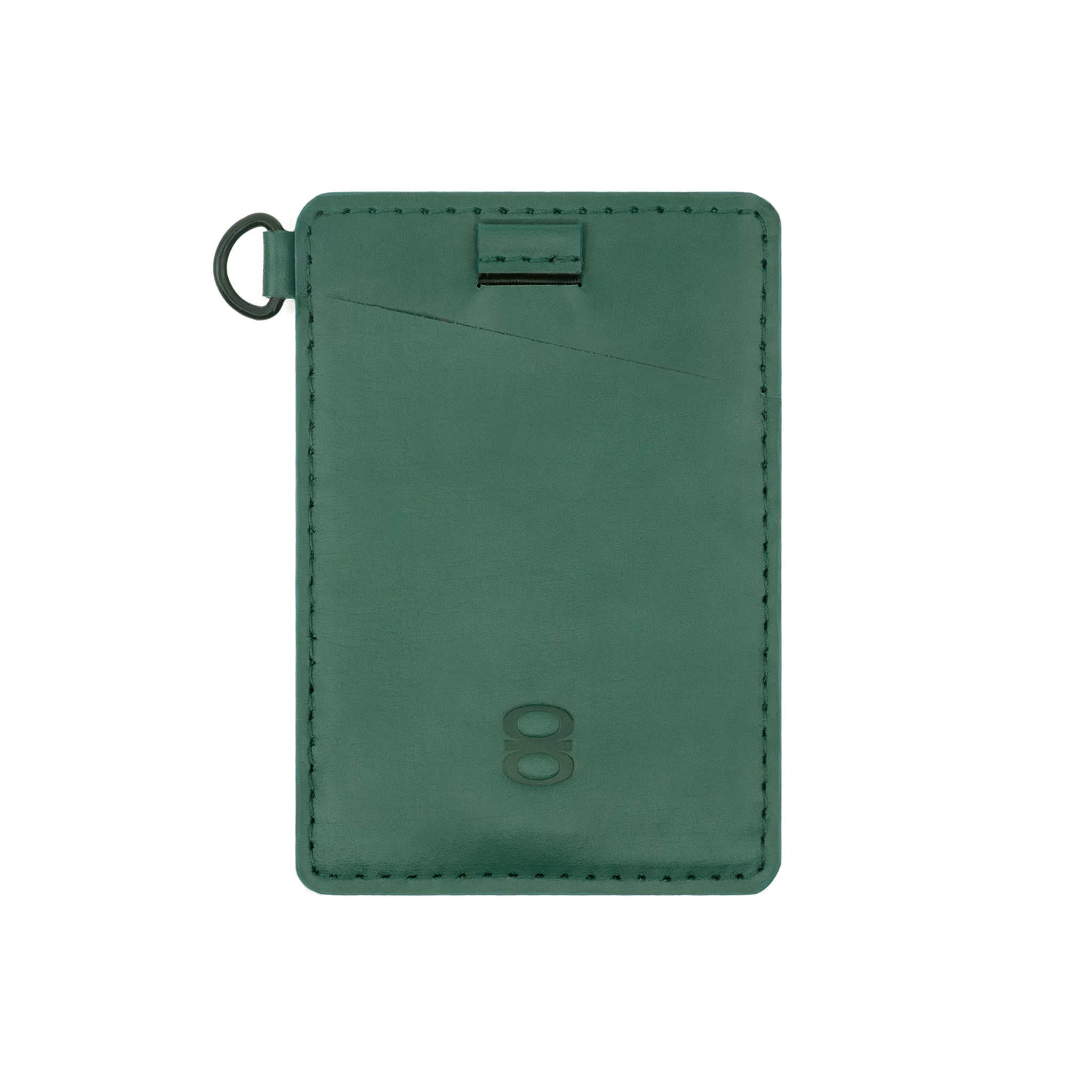 Detailed front shot of the Draft8 minimalist green leather cardholder with pull strap and ring loop, designed for compact card and cash storage.