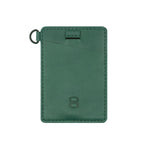 Load image into Gallery viewer, Detailed front shot of the Draft8 minimalist green leather cardholder with pull strap and ring loop, designed for compact card and cash storage.

