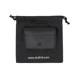 Black leather wallet in branded Draft-8 fabric pouch packaging – eco-friendly and stylish presentation

