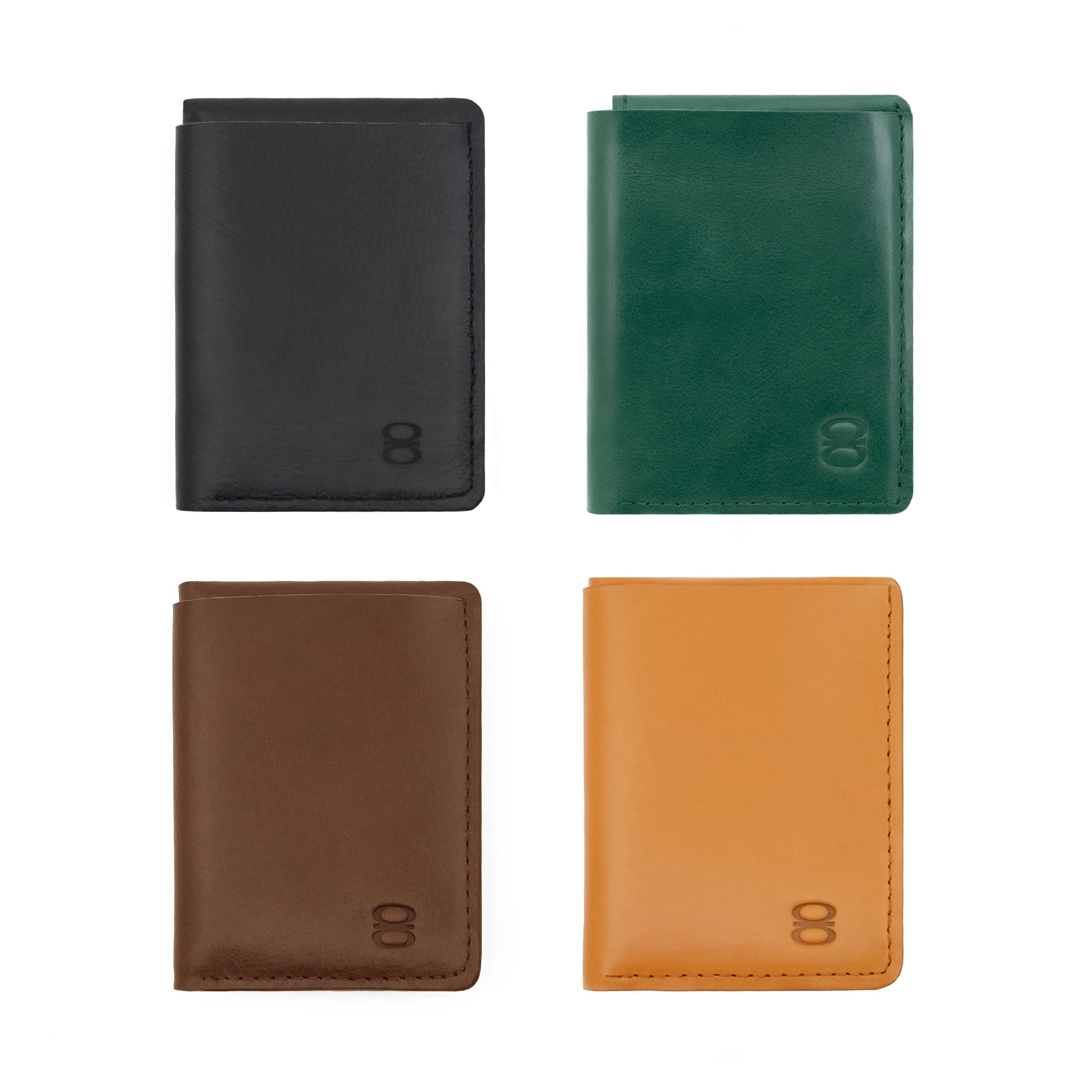 Vegan leather wallet available in four colors: black, green, brown, and camel. Minimalist design and handmade craftsmanship.
