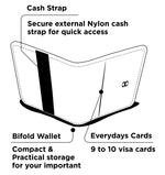 Load image into Gallery viewer, Visual explanation of Draft8 bifold wallet design with a secure nylon external cash strap and room for 9 to 10 cards
