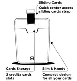 Load image into Gallery viewer, Draft8 diagram highlighting central sliding strap for quick access to cards, in a slim and practical wallet design



